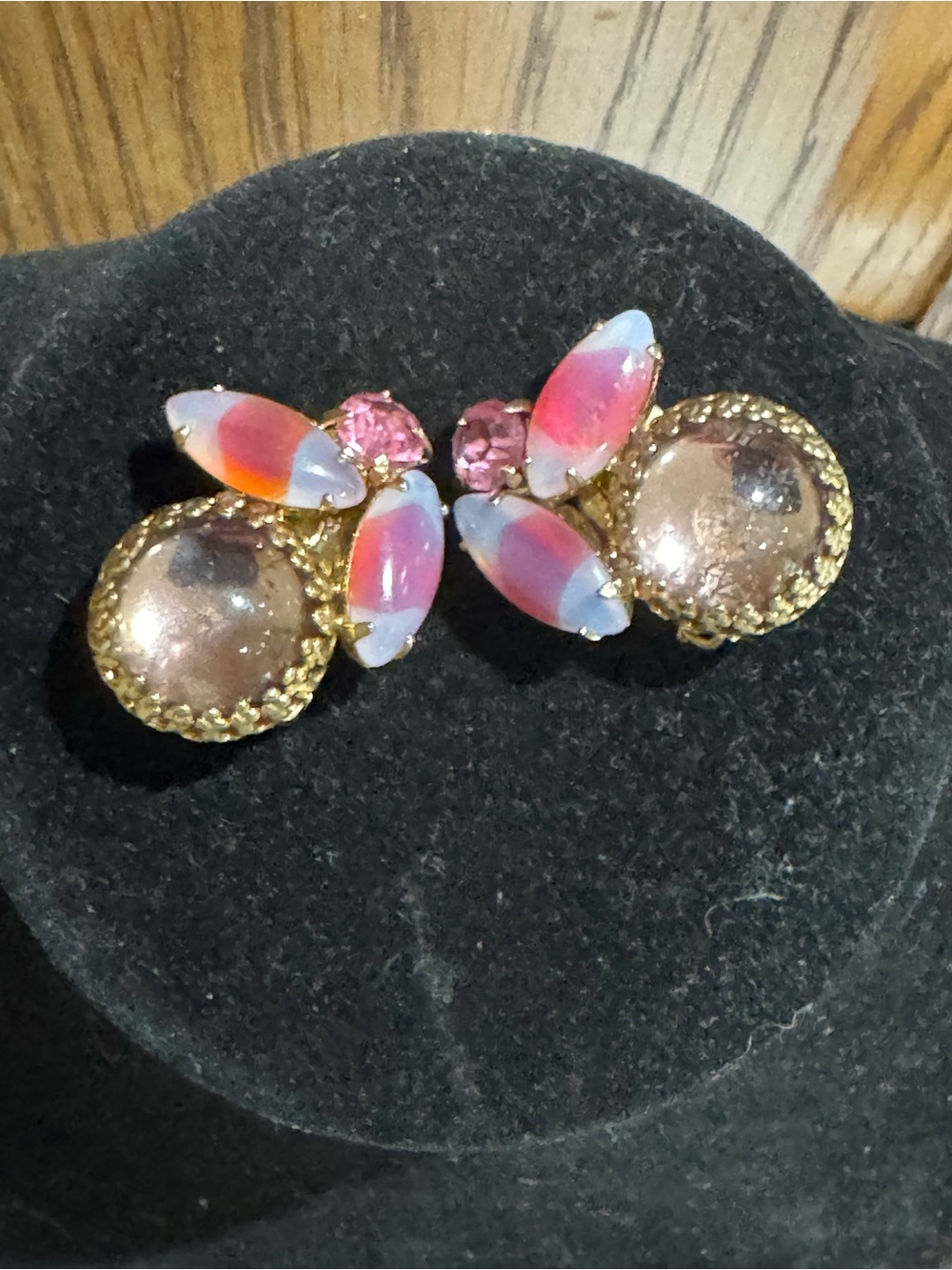 Vintage Pink Givre Glass Cabochon Earrings